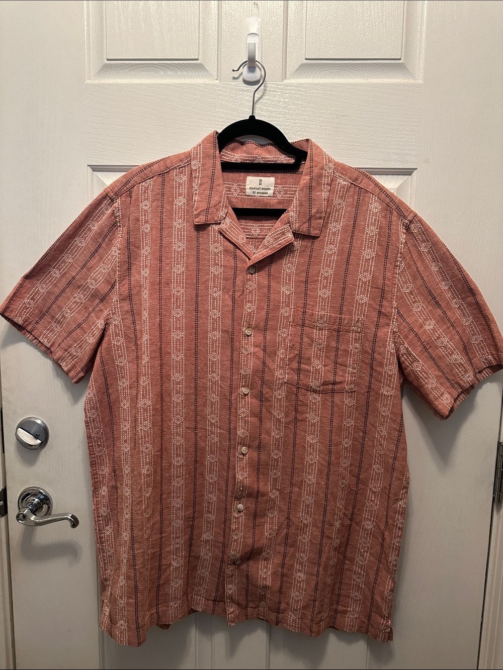 Men's Short-Sleeve Stripe Button-Down Shirt - Rust Cotton Linen Blend Size XLT